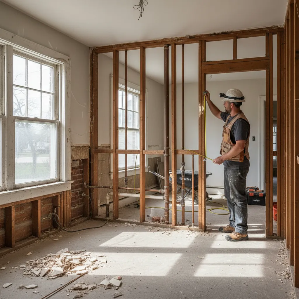 Contractor inspecting structure behind kitchen walls in older Michigan home renovation