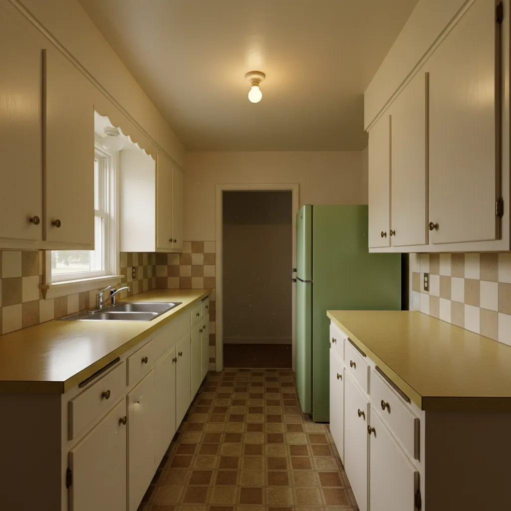 Old kitchen with green fridge yellow counter checkered floor tiles and a single ceiling light