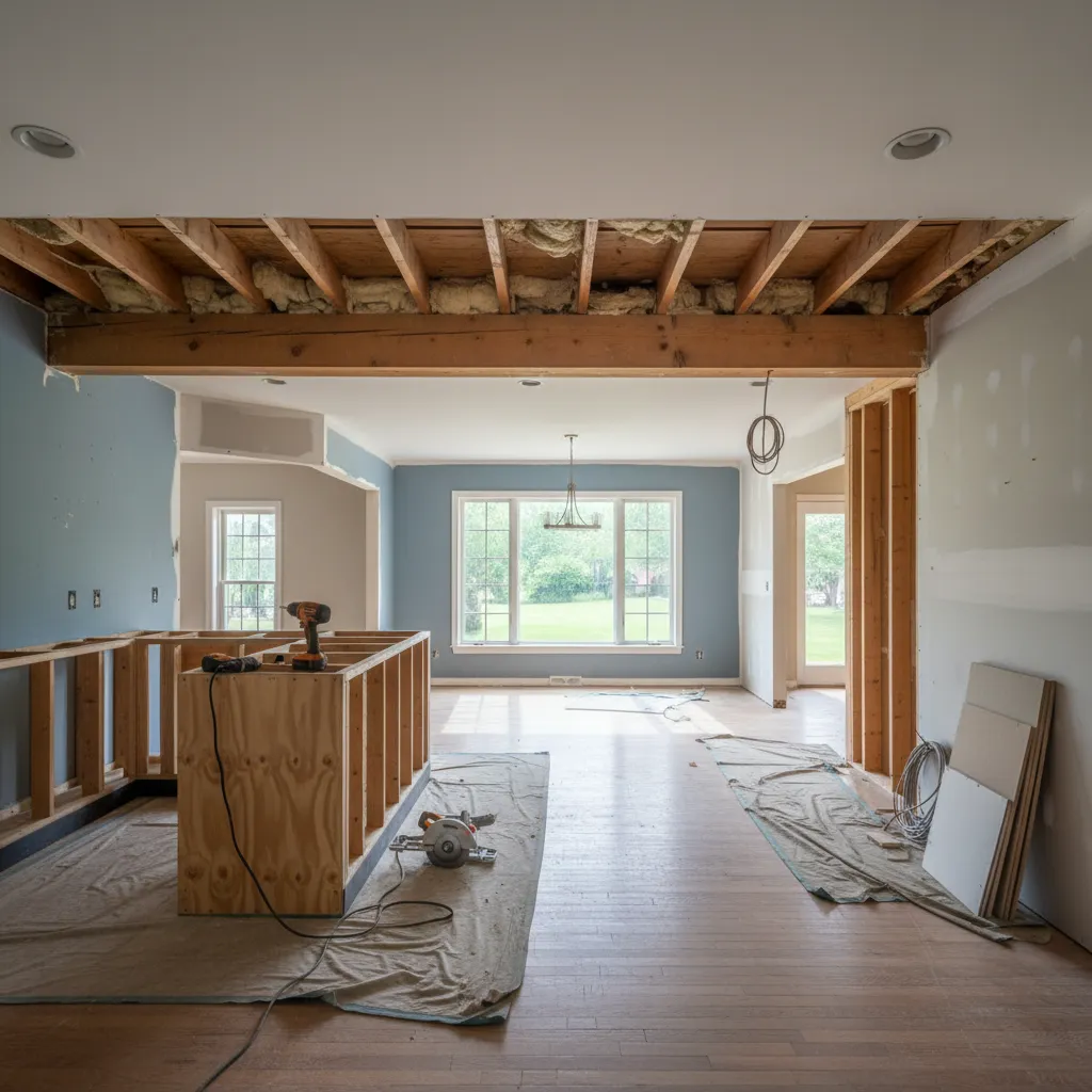 older Midwest kitchen renovation with structural beam installed for open concept