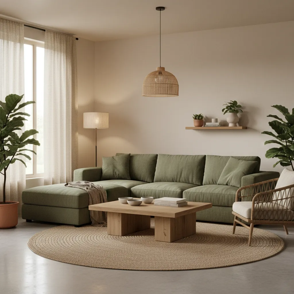 Olive green and beige living room color scheme with natural textures