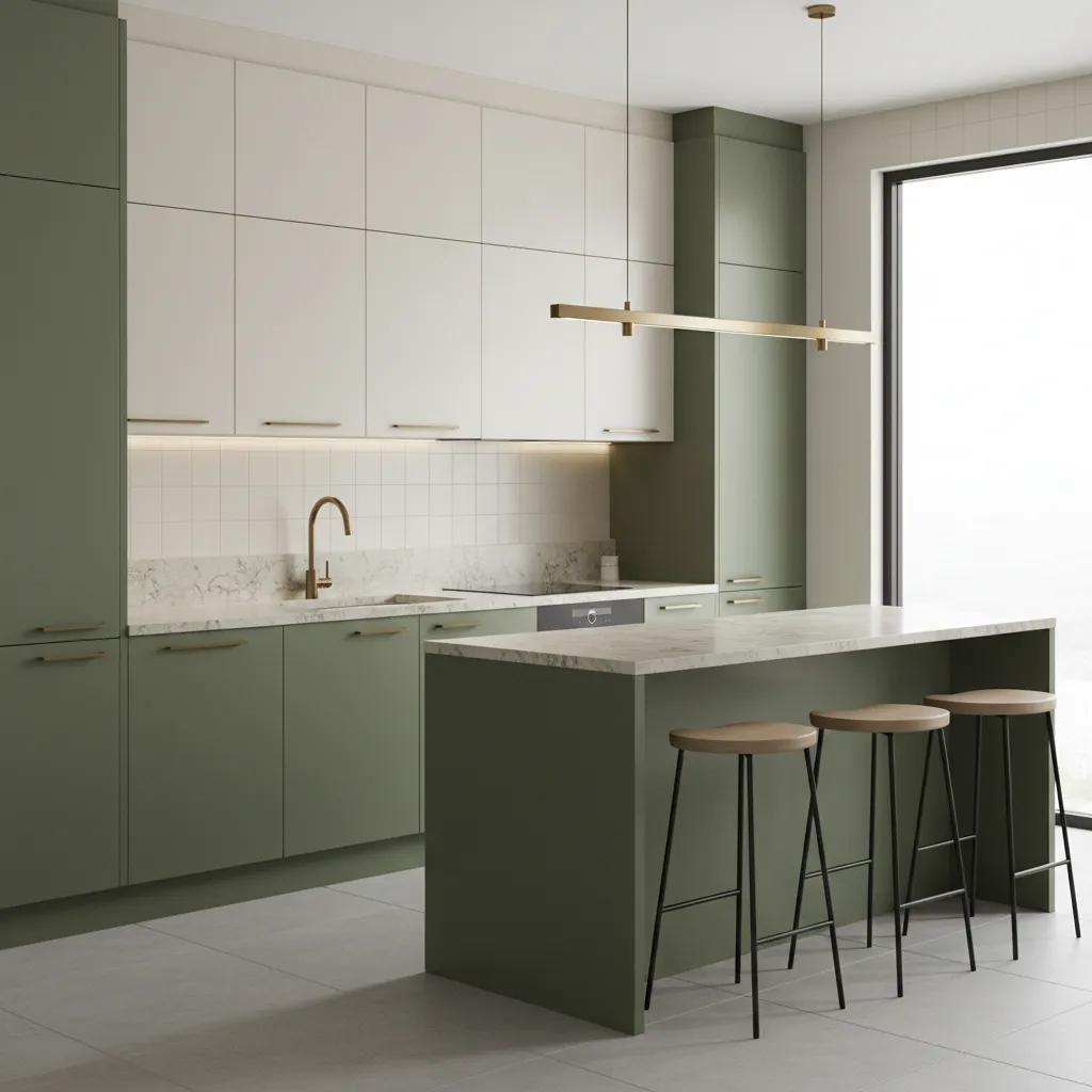 Olive green and cream two colour kitchen cabinet design