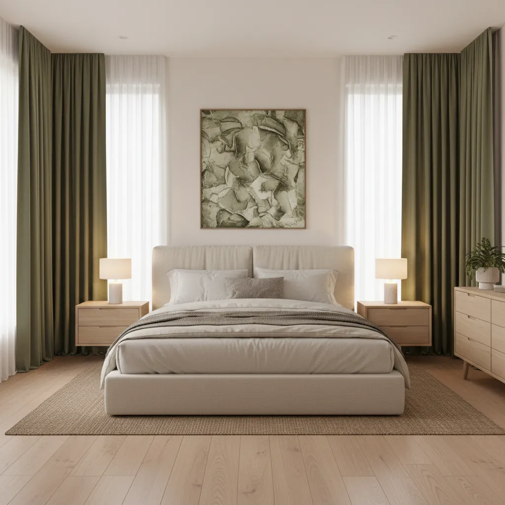 Bedroom with cream walls and olive green curtains styled in a modern design