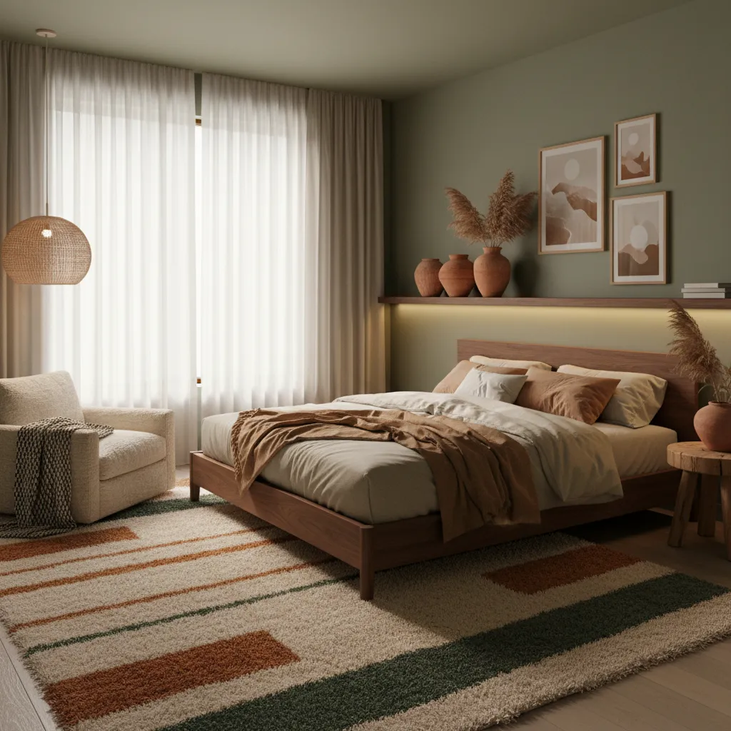 Olive green bedroom with warm wood furniture and earthy decor elements