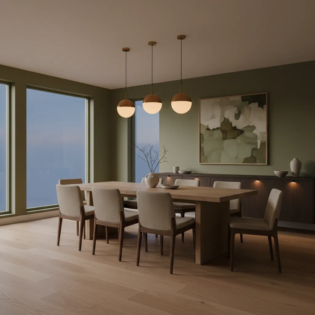 Olive green dining room with wooden table warm lighting and neutral decor