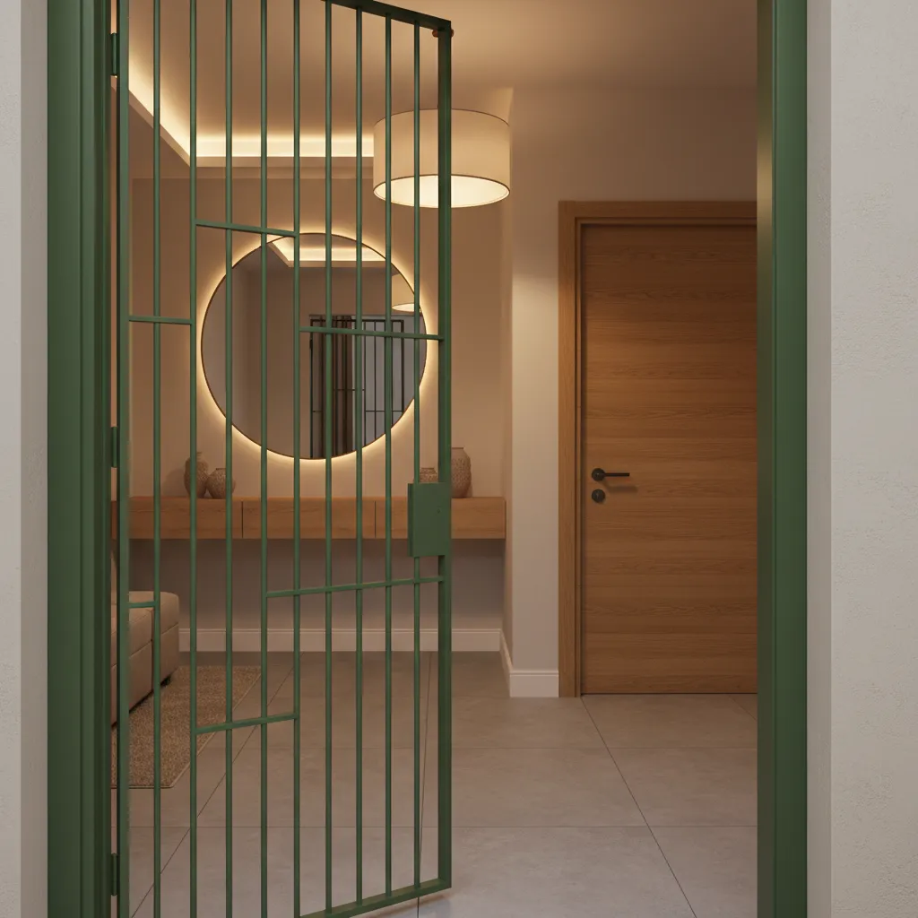 olive green painted metal gate paired with warm wooden door