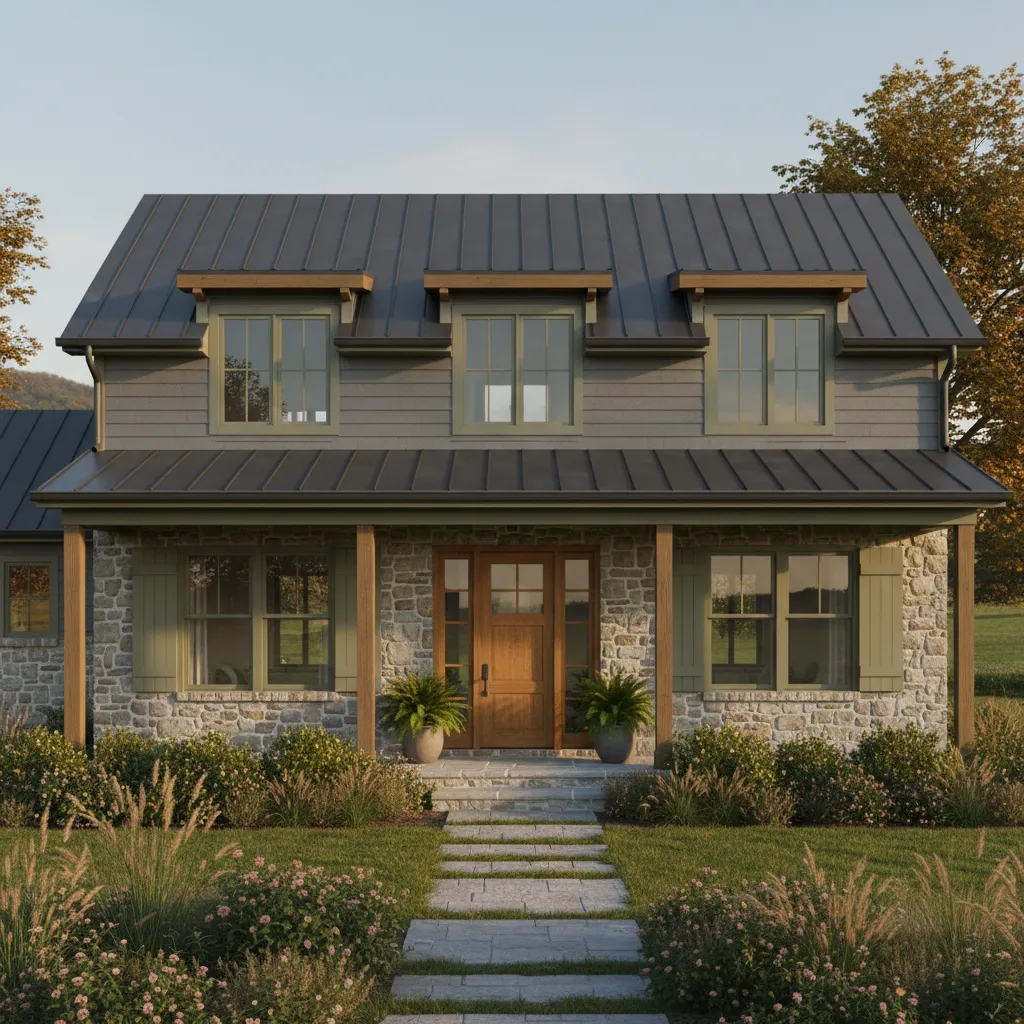 Gray farmhouse exterior with olive green shutters and wood accents