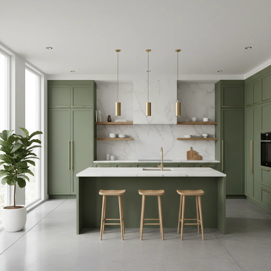Kitchen with olive green cabinets marble countertops and brass hardware