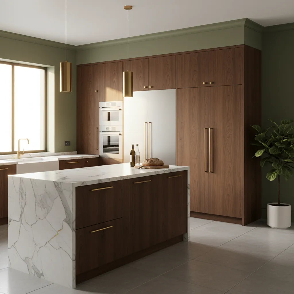 Olive green kitchen walls paired with wood cabinets and brass hardware