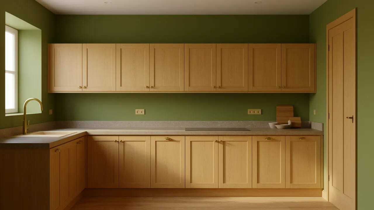 olive green kitchen walls paired with natural wood cabinets and brass hardware