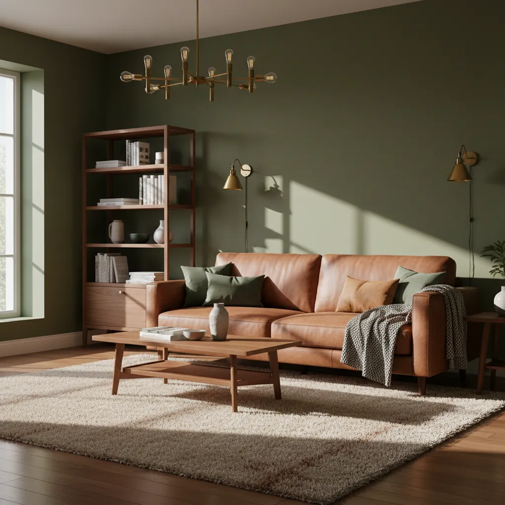olive green living room with leather sofa and warm wood furniture