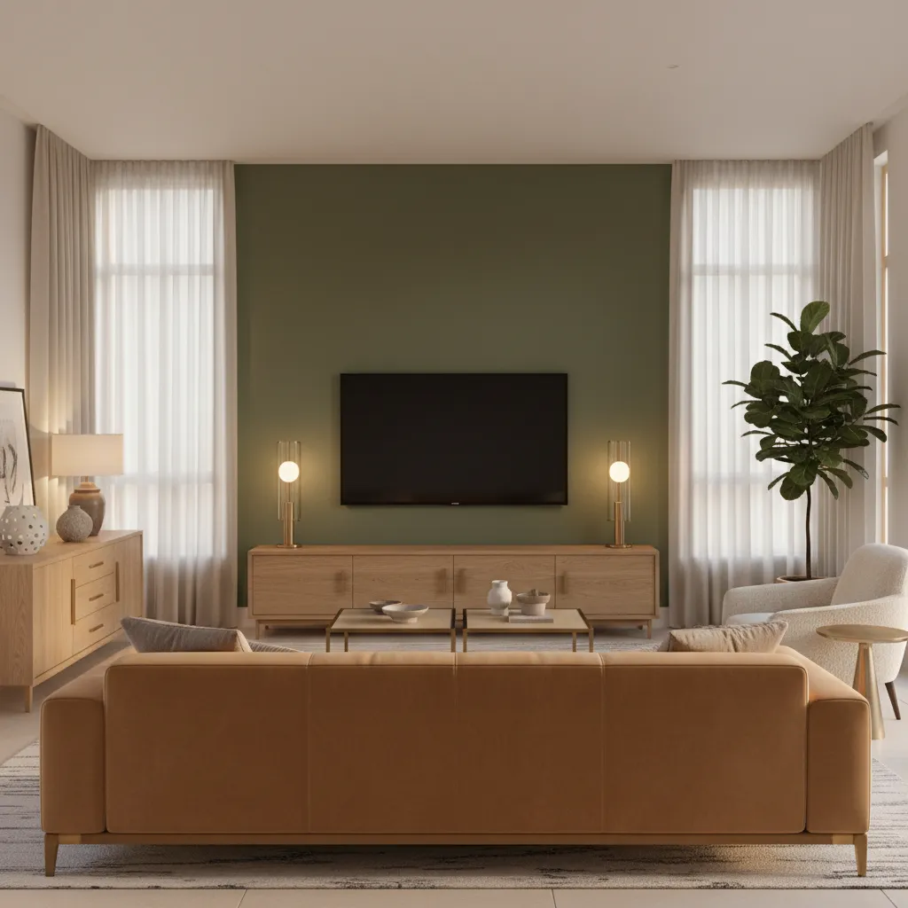 Olive green TV wall with neutral living room palette