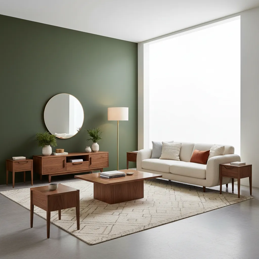 olive green wall with walnut furniture and neutral decor
