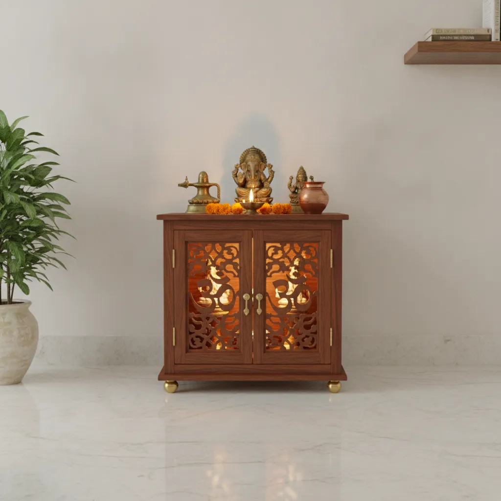 Wooden pooja cabinet with Om jali cutwork doors