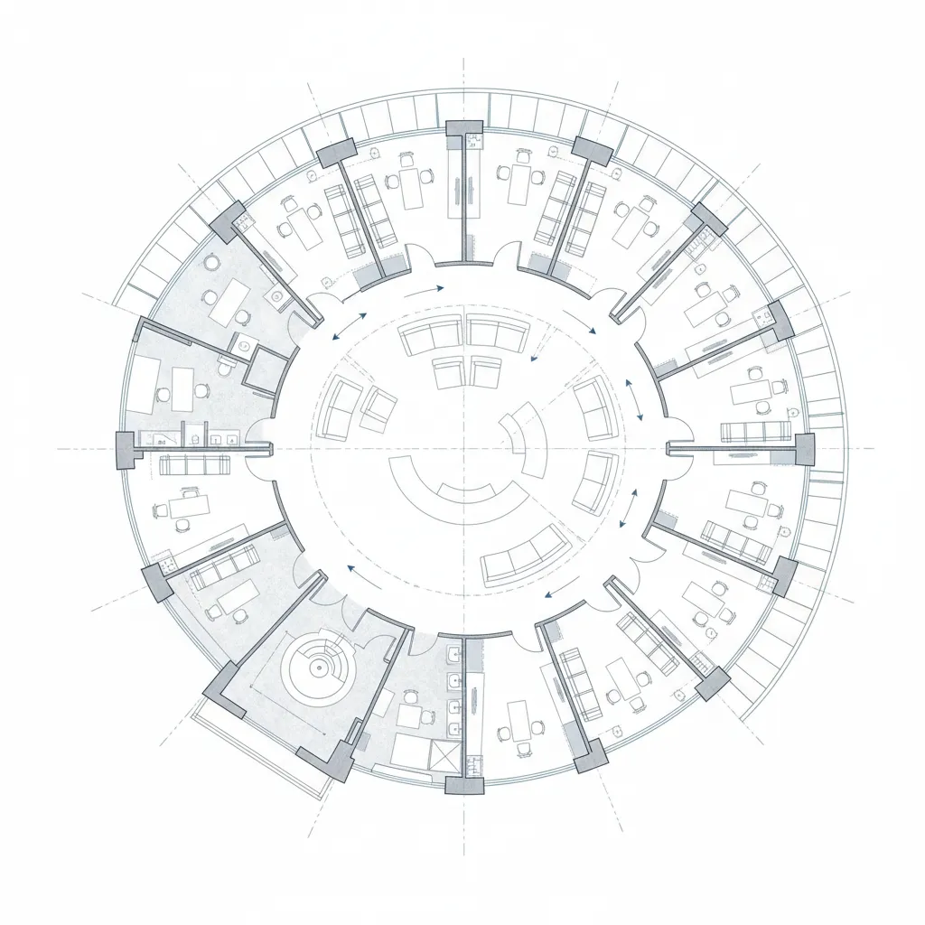 Plano de distribución interior de una clínica oncológica mostrando el recorrido del paciente