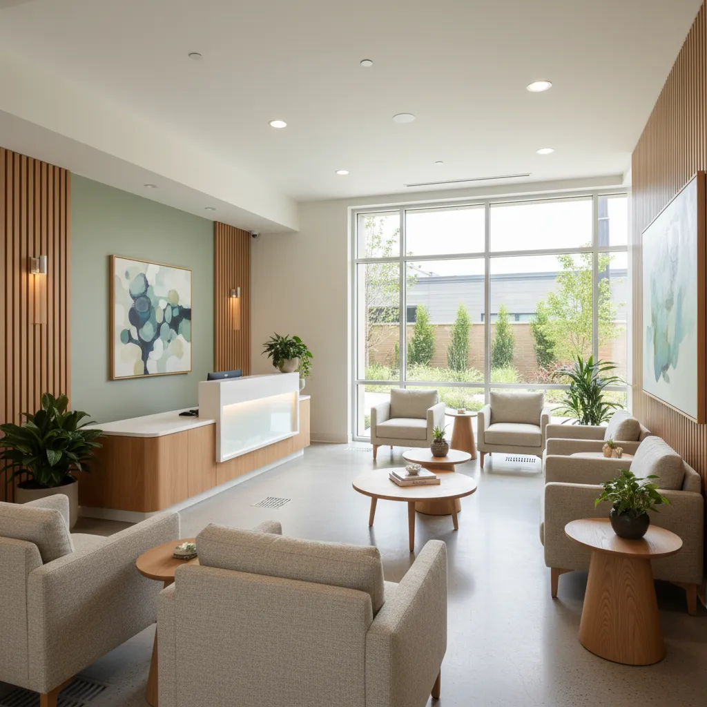 Sala de espera luminosa en clínica oncológica con diseño cálido y materiales naturales