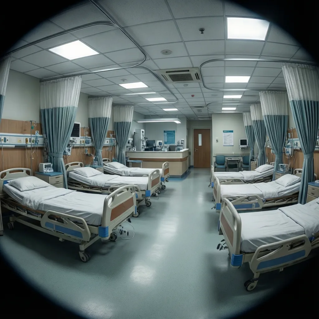 Shared oncology hospital ward with multiple beds and nurse station