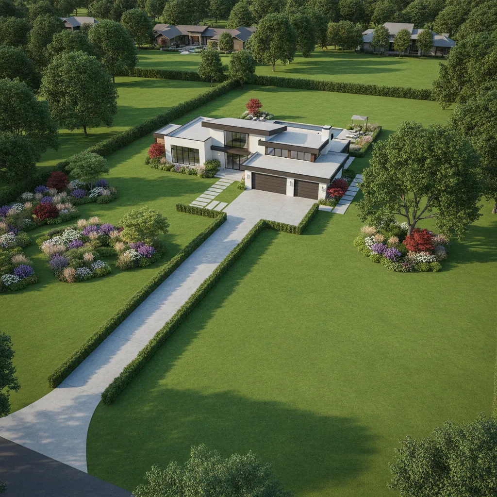 Large one acre residential lot with house, garden, and open landscape space