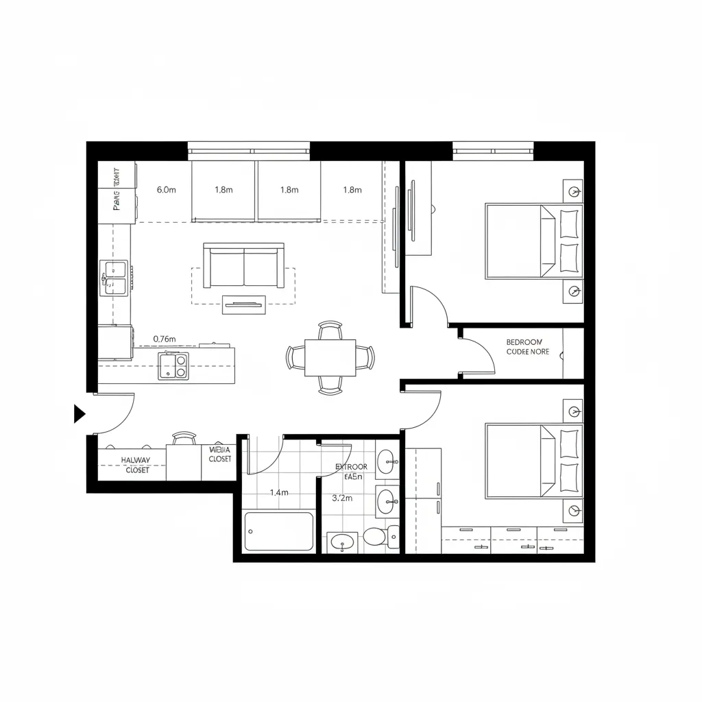 Top-down CAD plan of one-bedroom with convertible living edge and balcony axis