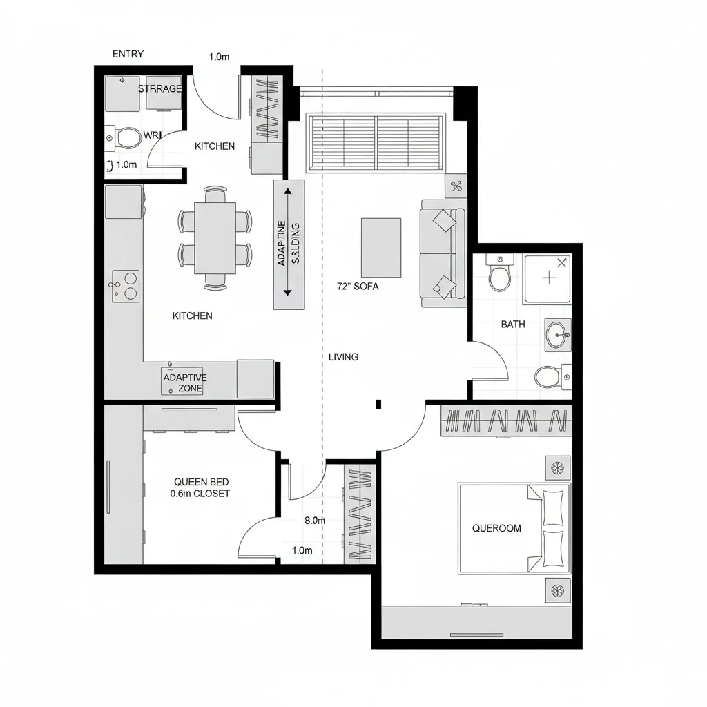 Top view 2D floor plan featuring two bedrooms, kitchen with dining table, and living room