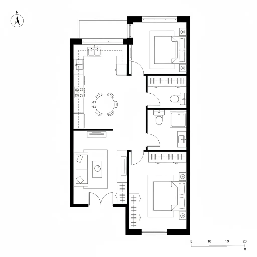 One-Bed Core: 600-sf Linear Spine