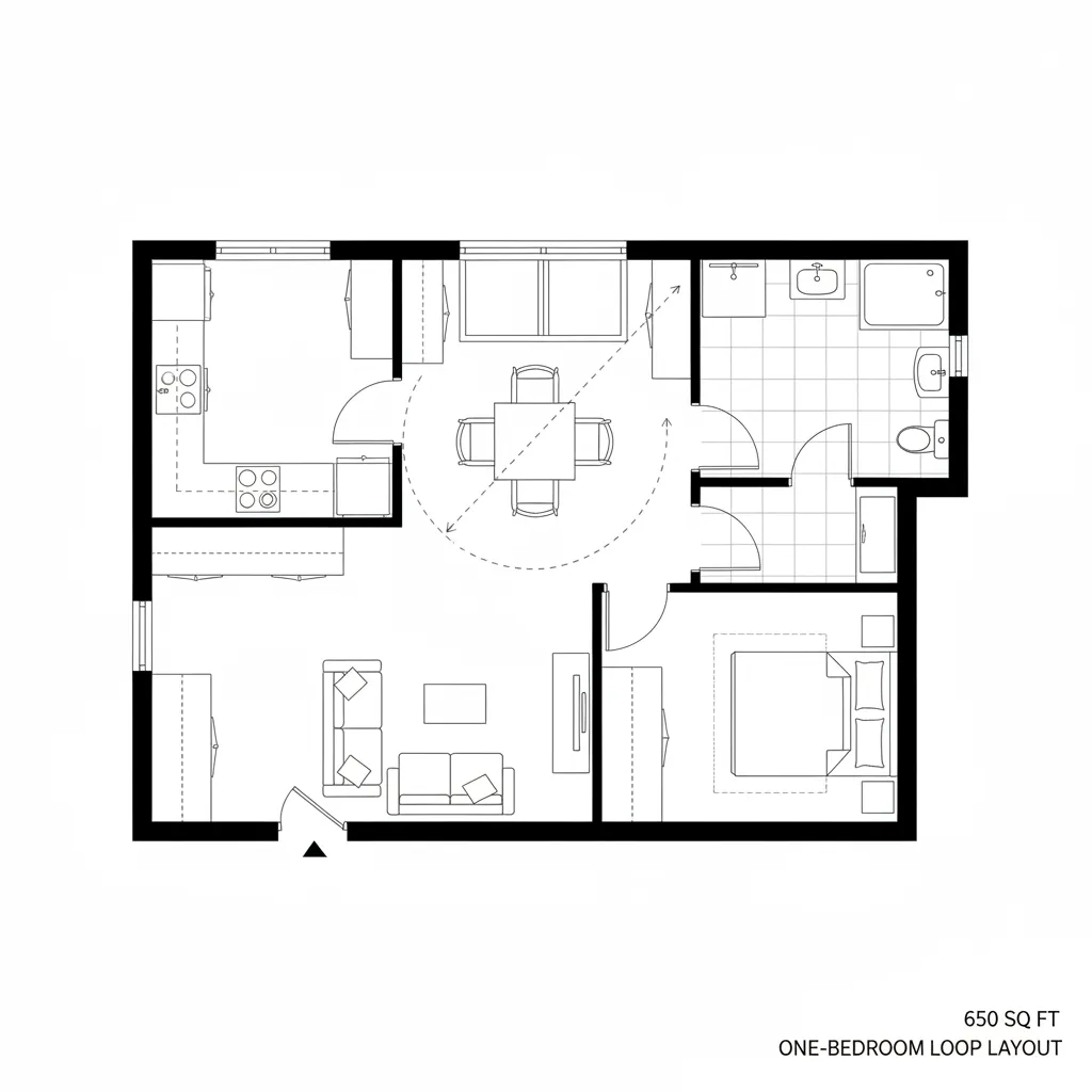 Top-down CAD loop plan with pocket kitchen, dining, living, bedroom, and bath in continuous circulation