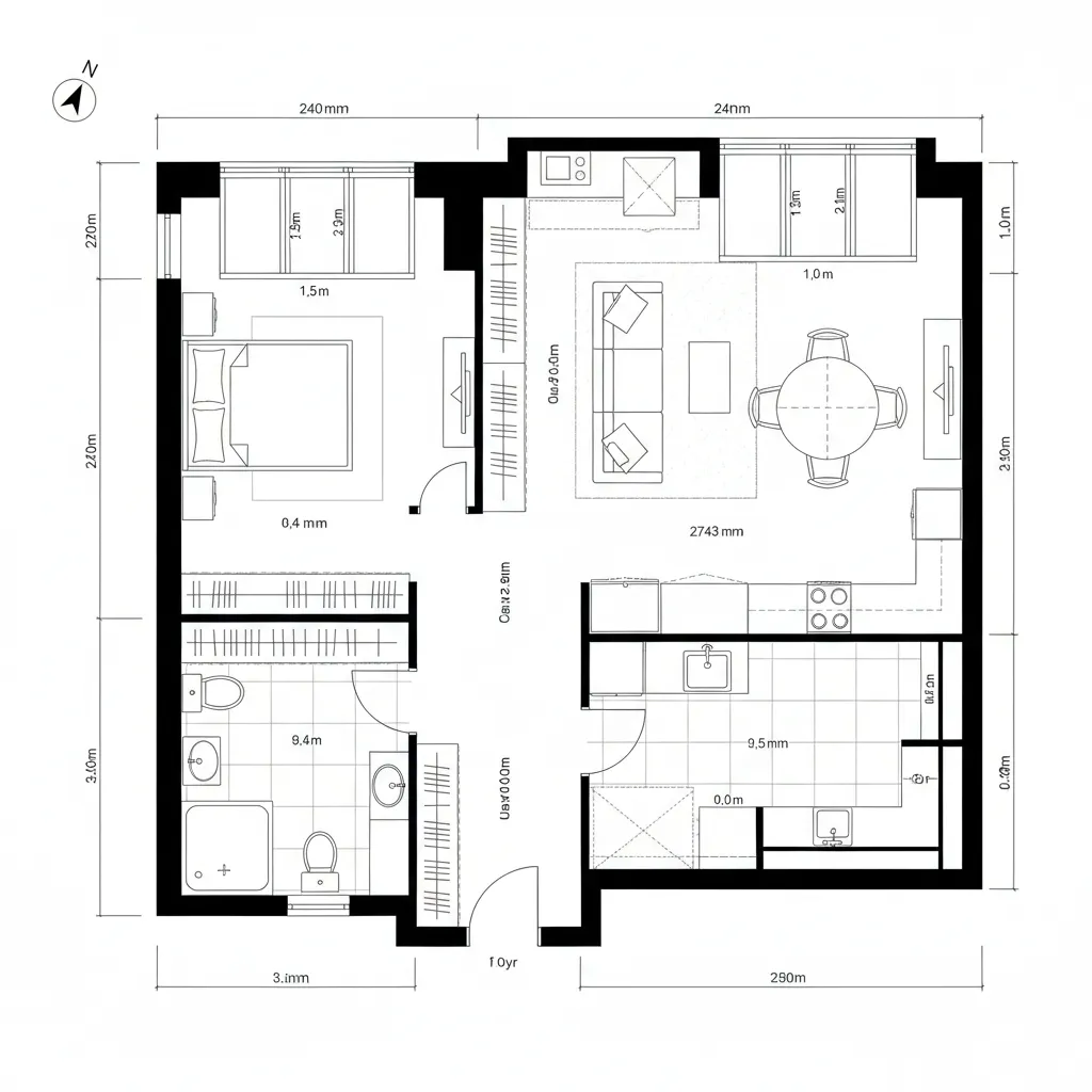 2D CAD plan of a 650 sf one-bedroom with a continuous peripheral circulation loop