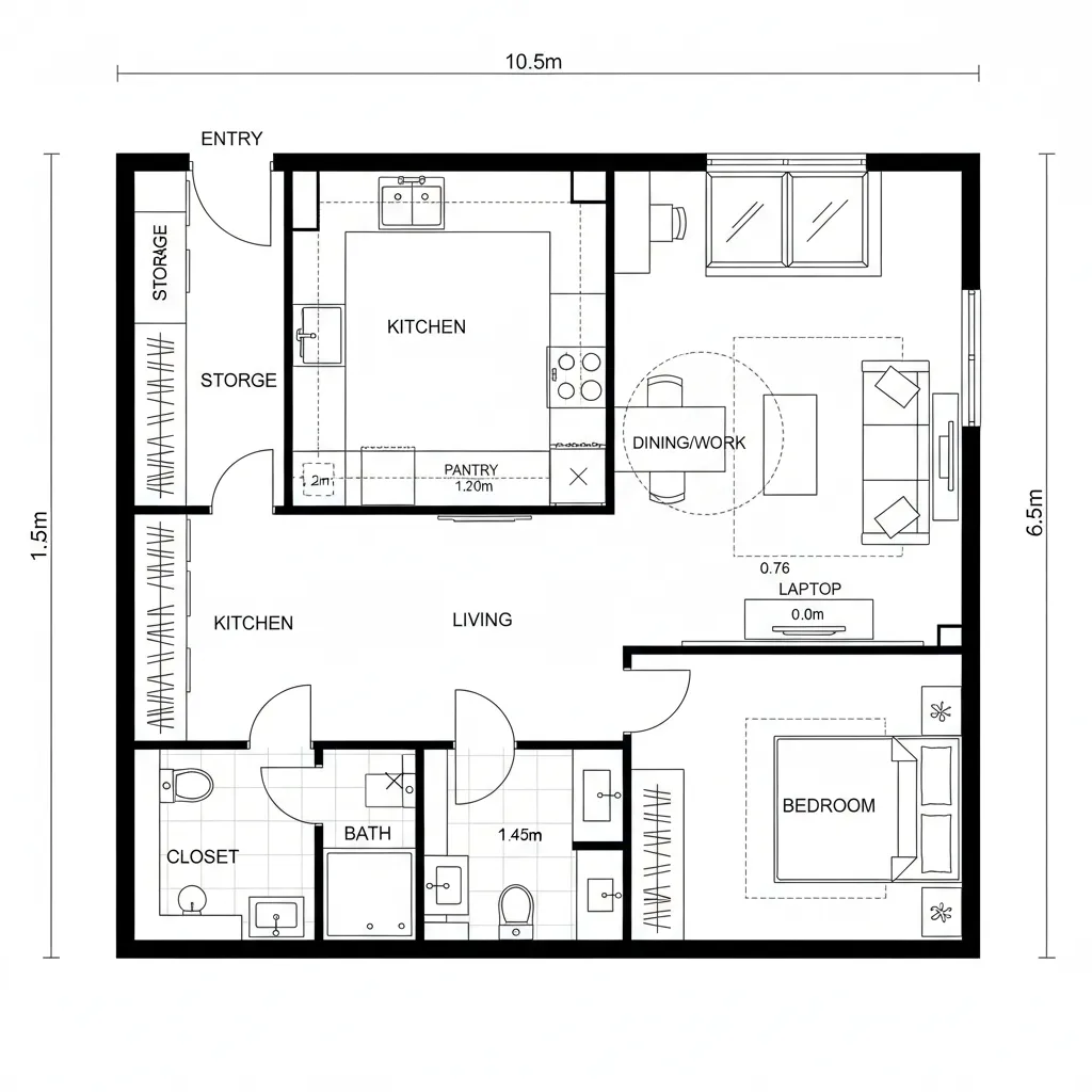 Detailed 2D floor plan of a one bedroom apartment with living room kitchen and bathroom