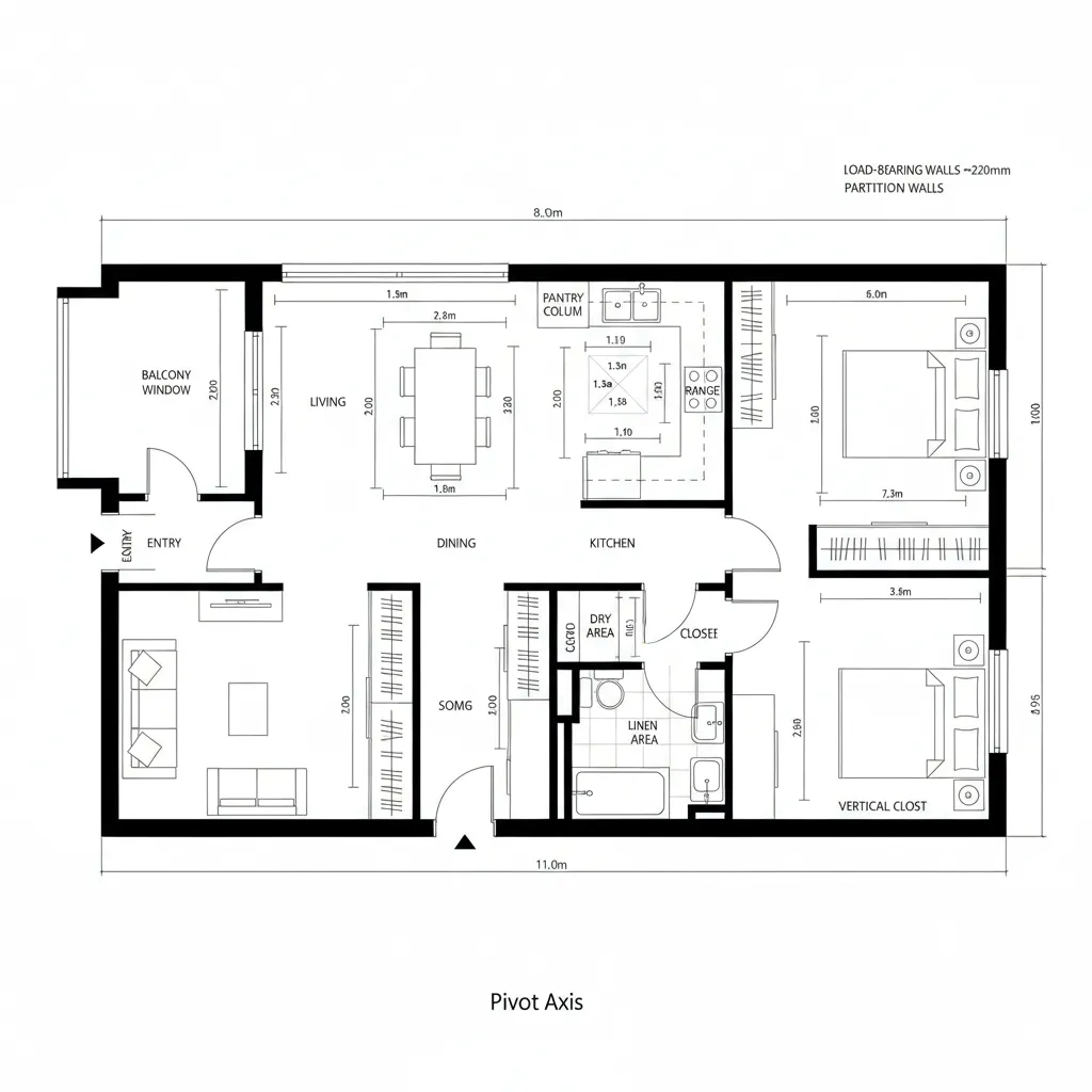 Detailed apartment room layout showing living room kitchen dining area two bedrooms and a small balcony