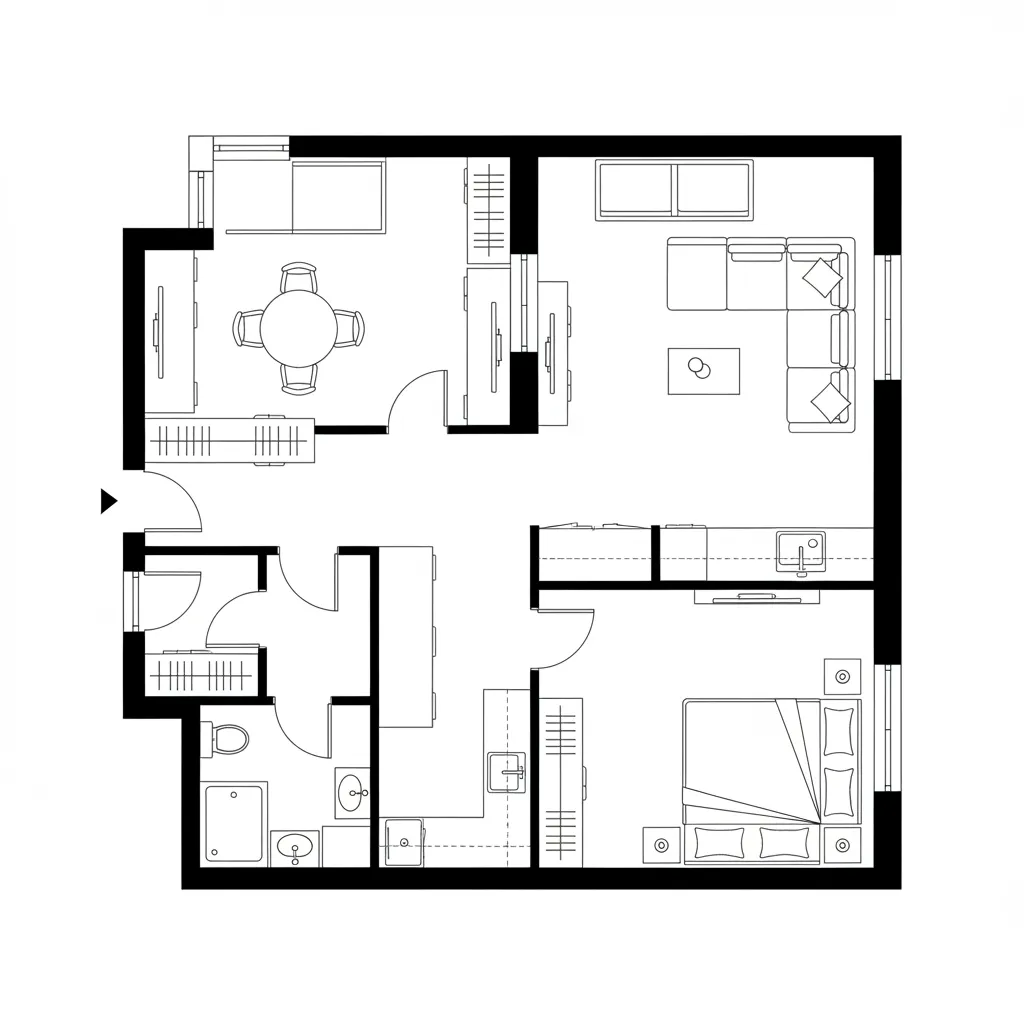 Top-down CAD floor plan of a 50m² one-bedroom with a pivot door connecting living and bedroom