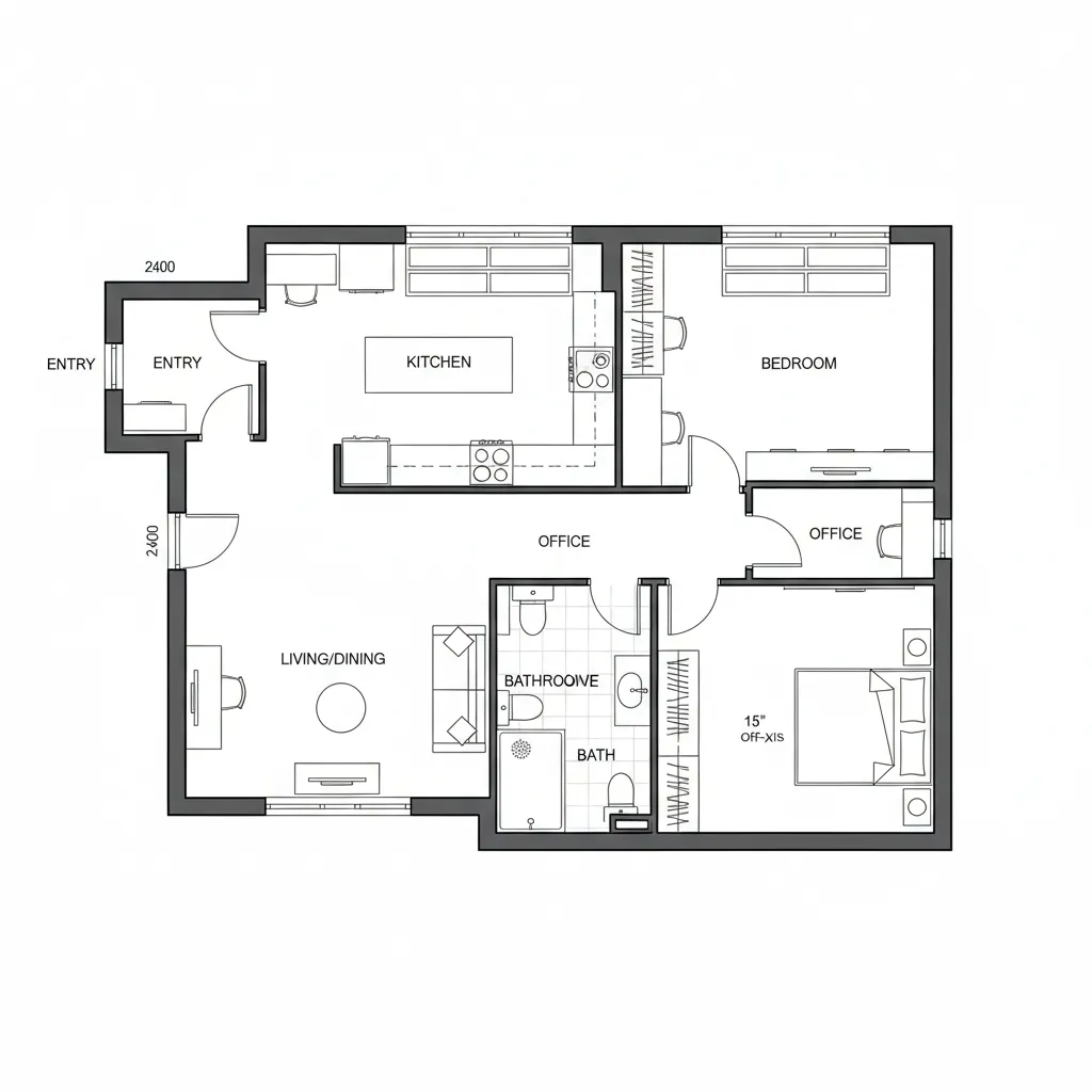 Top view floor plan of apartment showing kitchen living dining area bathroom and two separate bedrooms