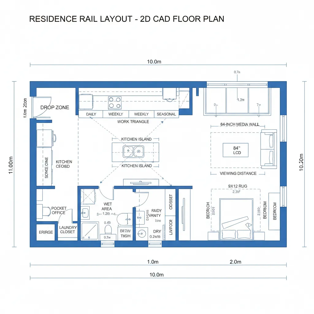 Top-down CAD plan of one-bedroom rail layout with pocket office and living edge window