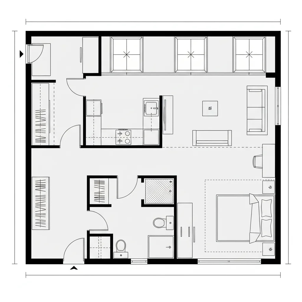 Top-down CAD plan of a one-bed unit with split utility core and flex bay
