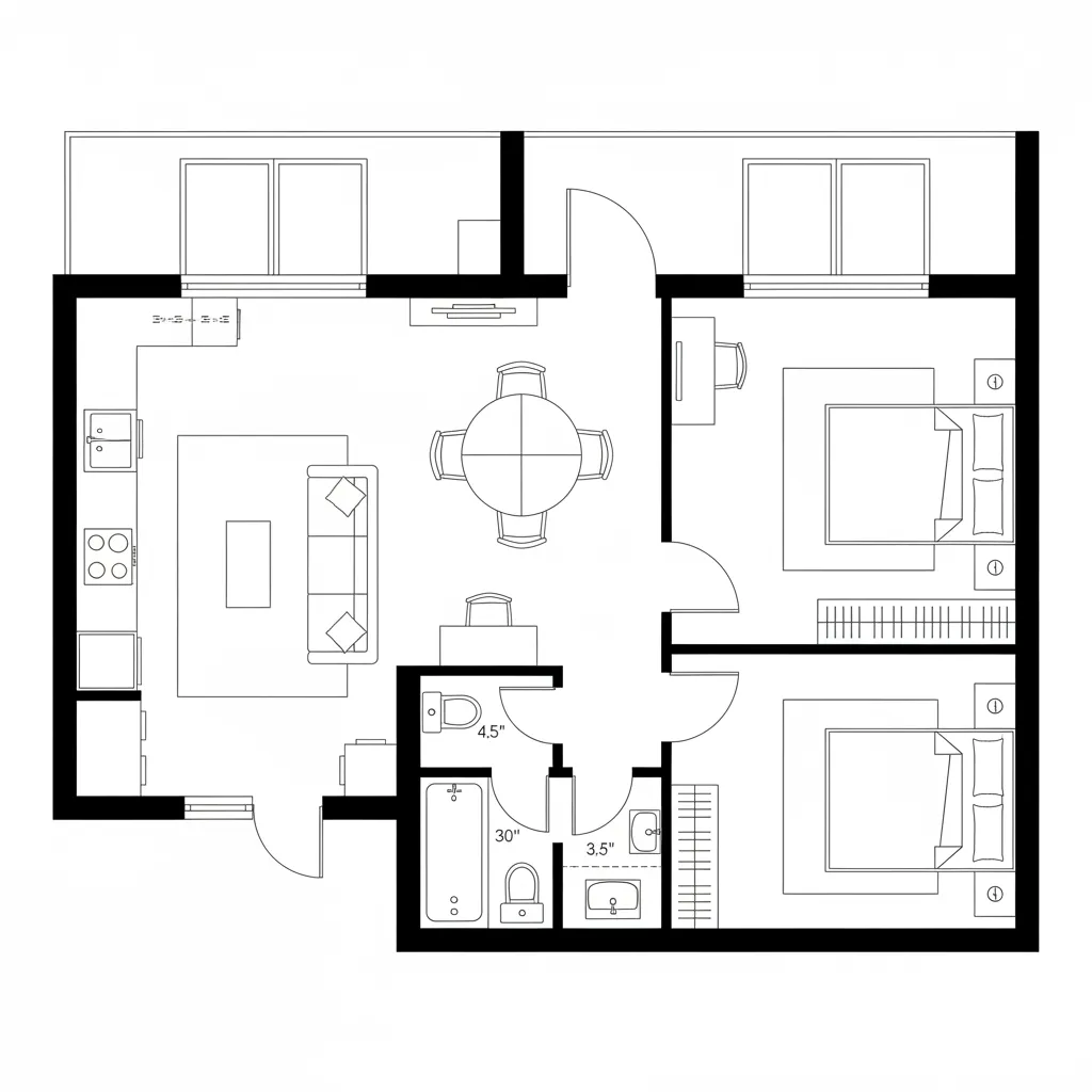 Top-down CAD floor plan of one-bed unit with galley kitchen and convertible nook