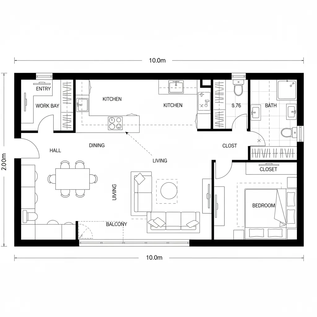 A detailed room layout for a small apartment with kitchen dining area living room and bedroom