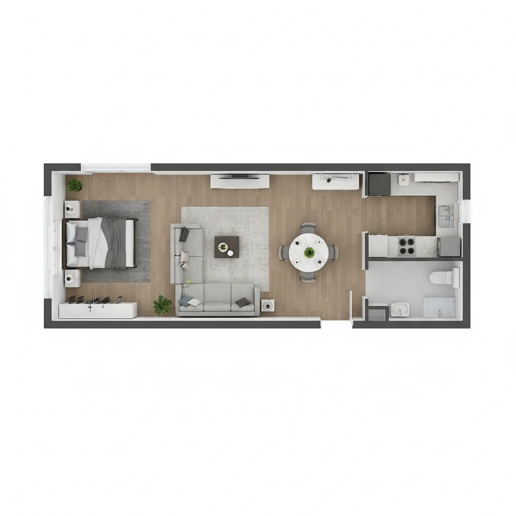 One bedroom apartment blueprint with separate bedroom living room and kitchen