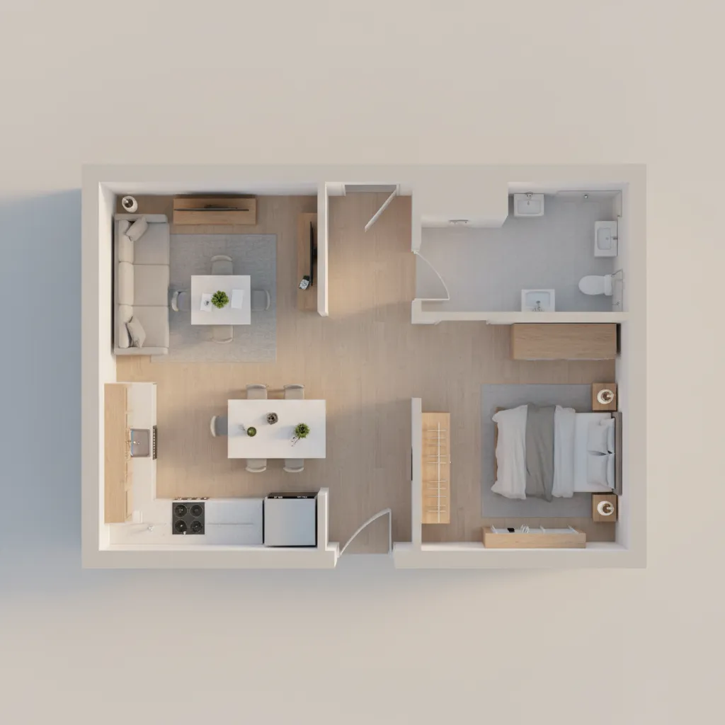 one bedroom rental apartment furniture layout plan visualization