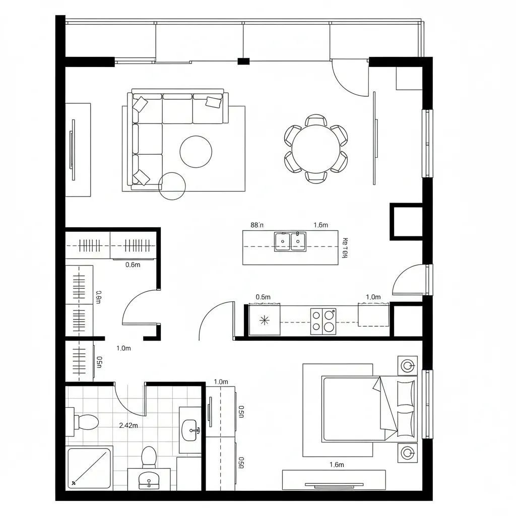 Top down floor plan showing a modern one bedroom apartment with living room and dining area