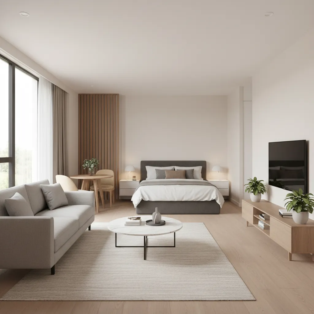 Example of a coordinated one bedroom apartment furniture package layout