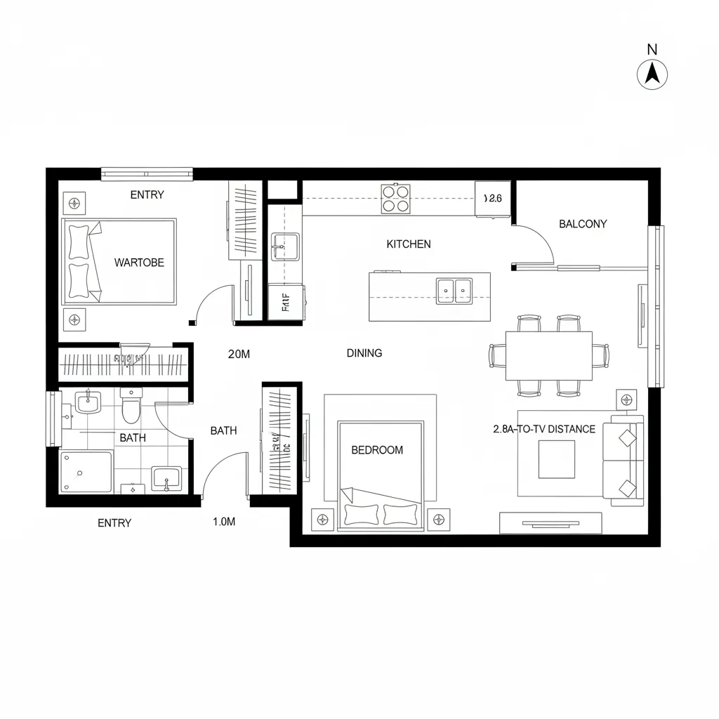 Floor plan layout of a one bedroom apartment with kitchen dining area bathroom and balcony