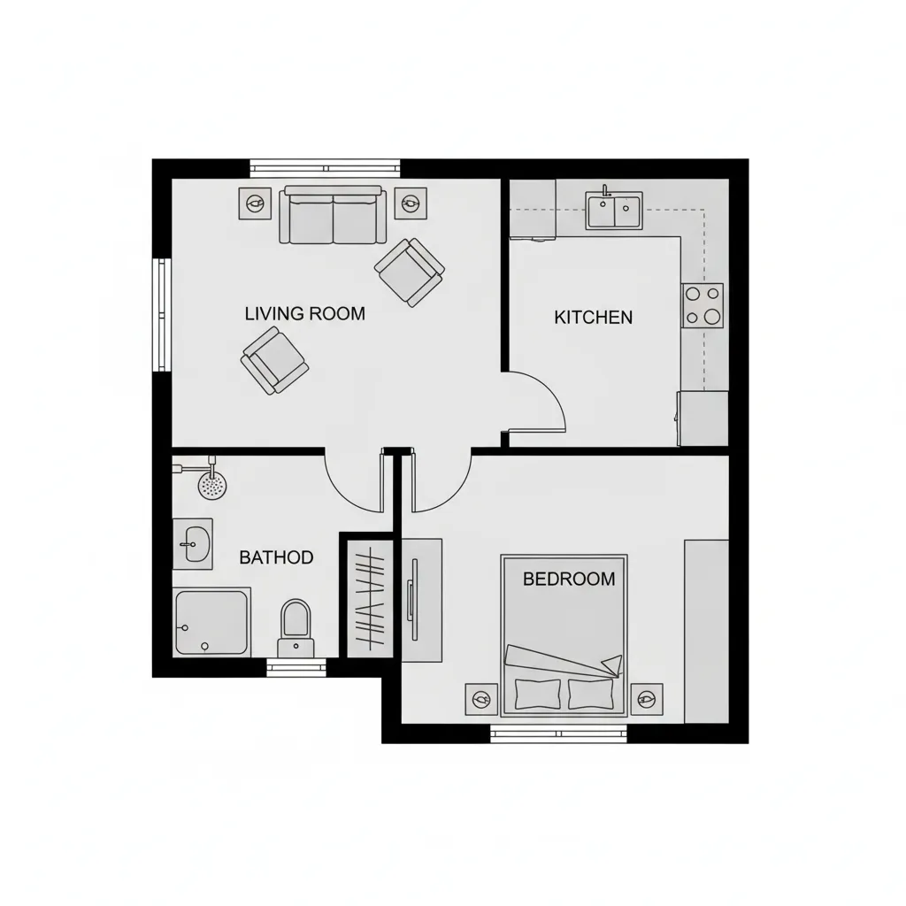 Sơ đồ mặt bằng nhà cấp 4 một phòng ngủ đơn giản