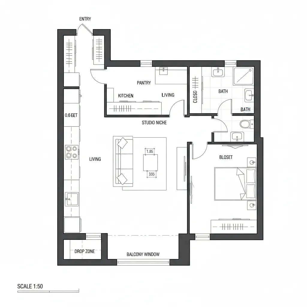 2D CAD floor plan of a one-bedroom with a studio niche and kitchen-to-balcony sightline