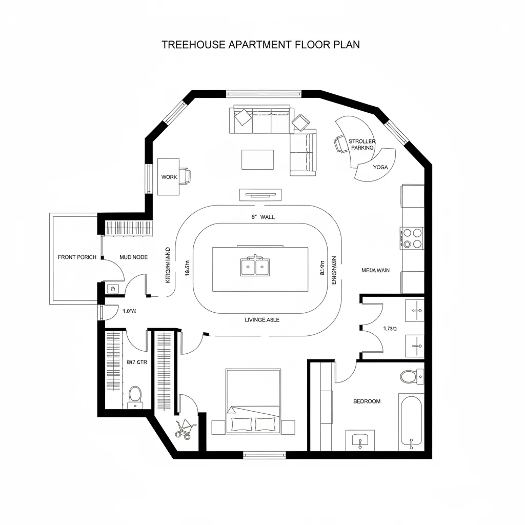 Loop circulation one-bedroom plan with porch, kitchen island, living ring, bedroom, and bath.