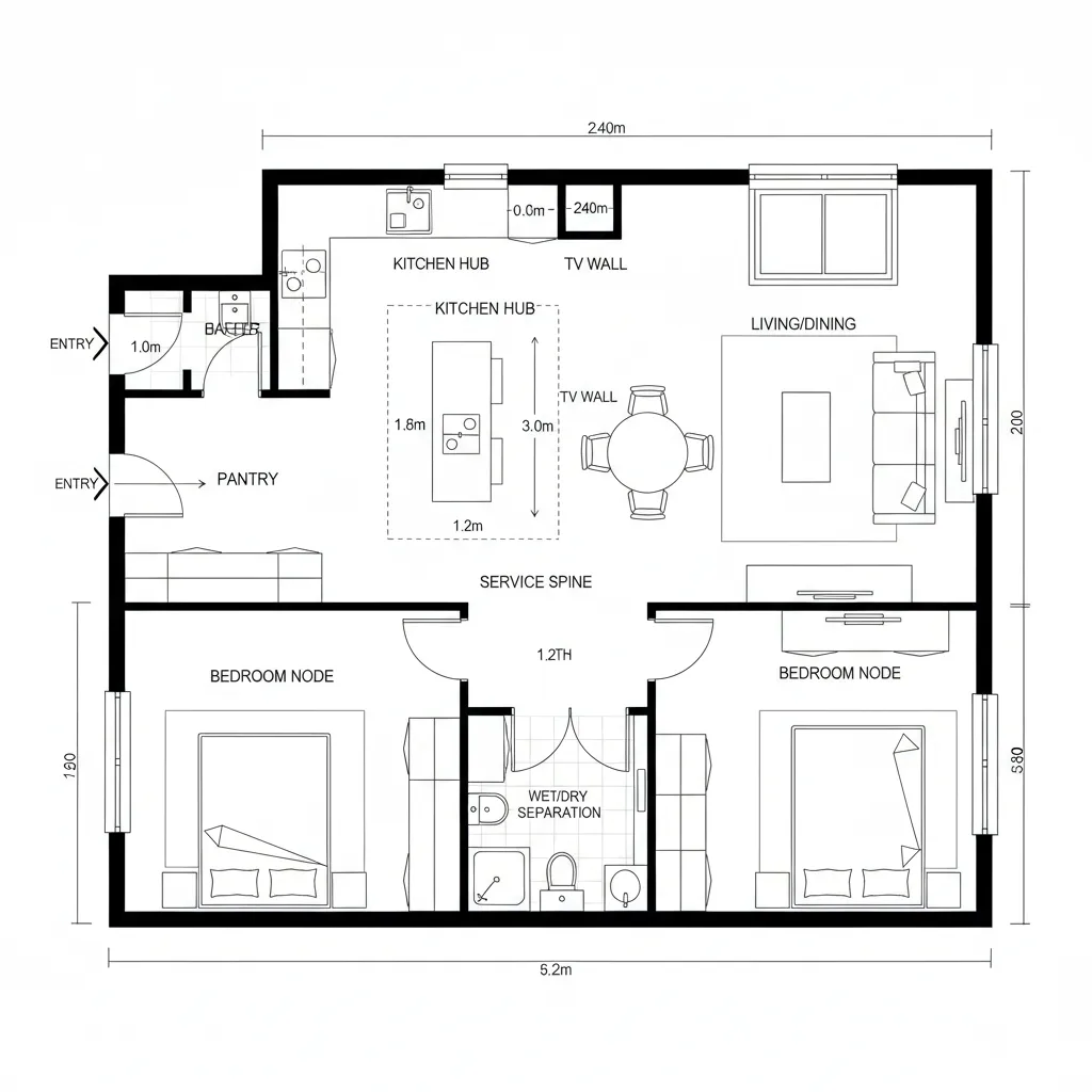 Top-down CAD plan of a one-bedroom with split axes and a quiet bedroom node