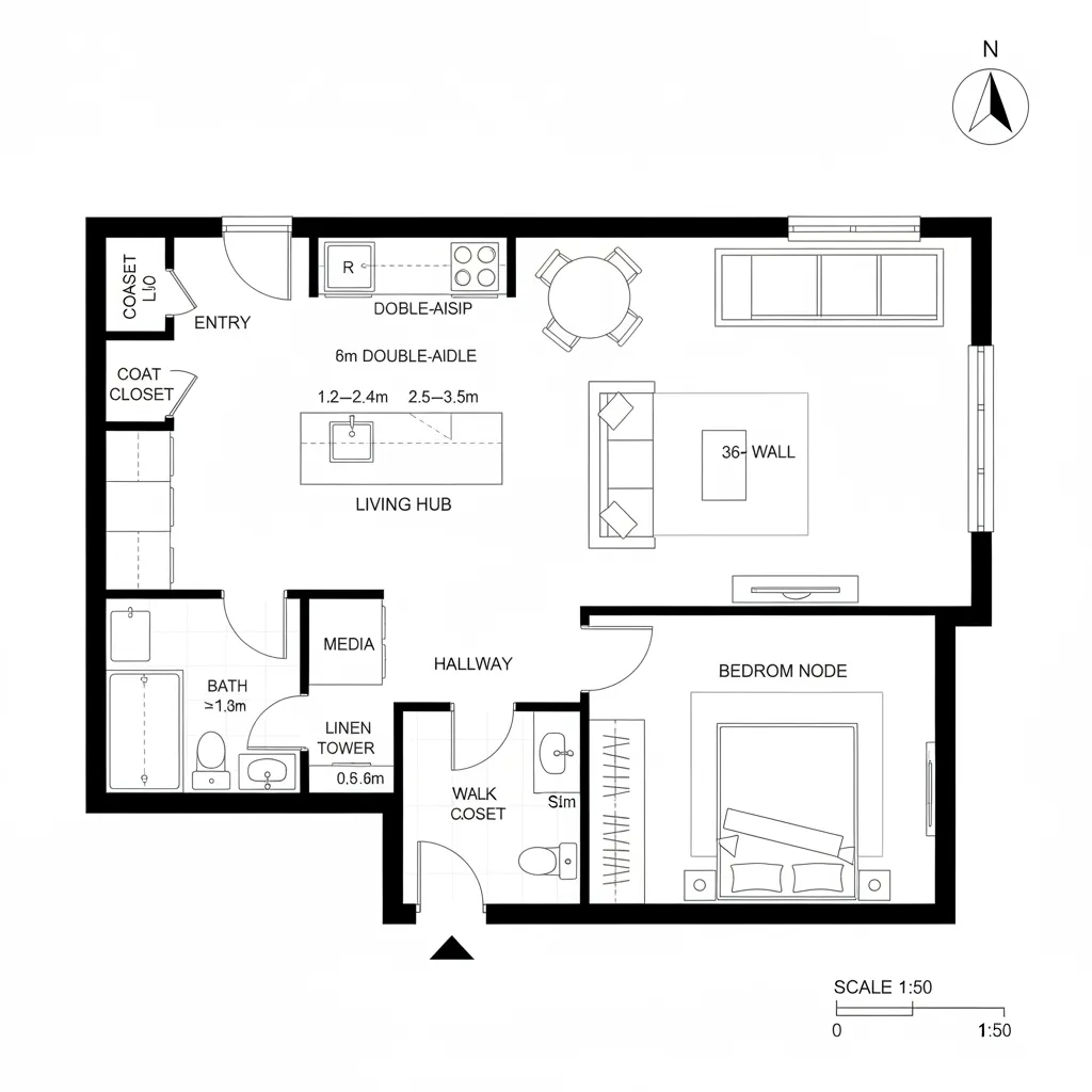 2D CAD floor plan of a one-bedroom with ring circulation and peninsula kitchen