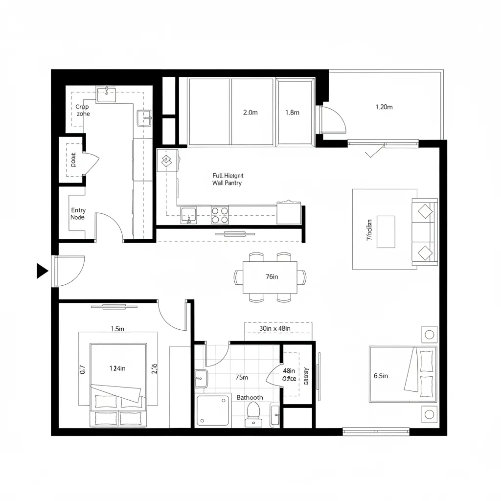 2D CAD floor plan of a one-bedroom with kitchen spine, pocket office, and looped circulation