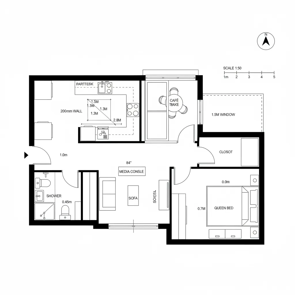 Top-down CAD plan of a linear one-bedroom resort unit with galley kitchen and terrace