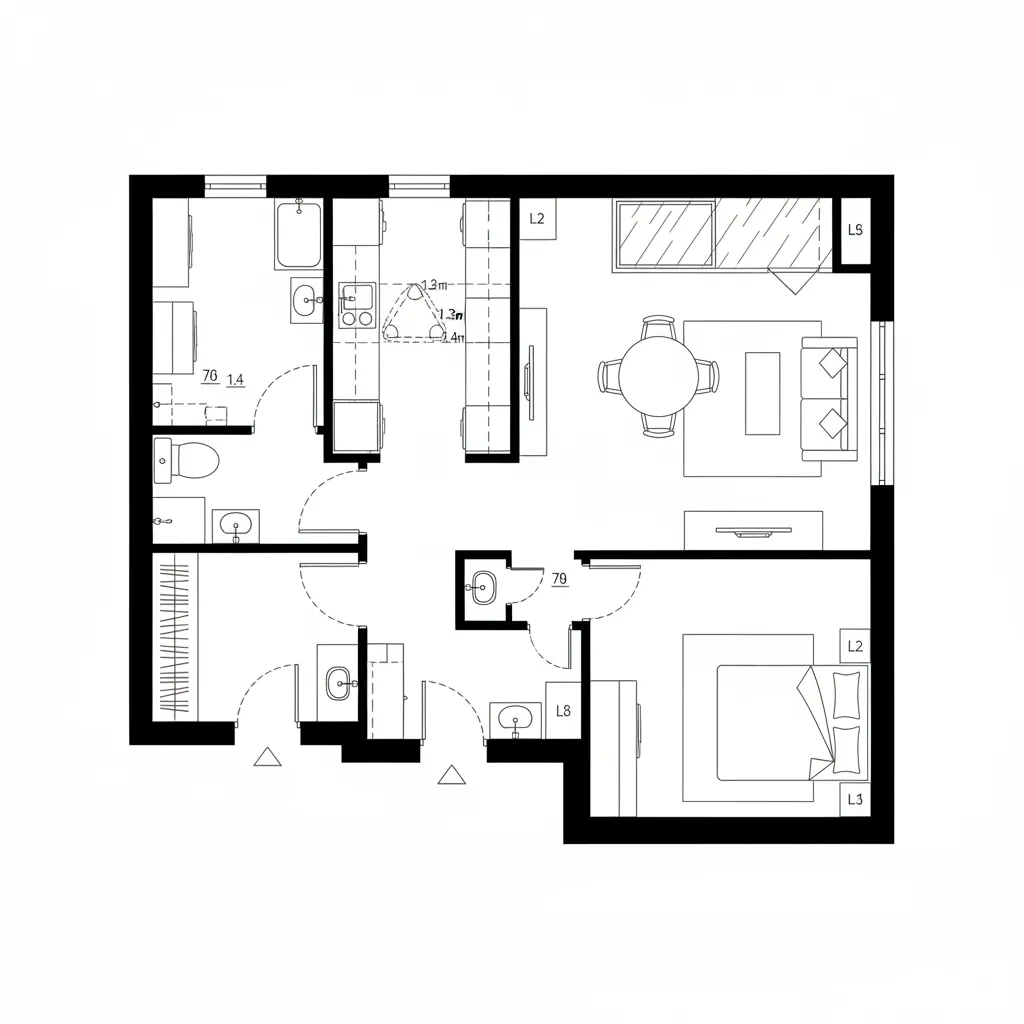 One bedroom apartment floor plan design showing a living room, dining area, kitchen and bathroom
