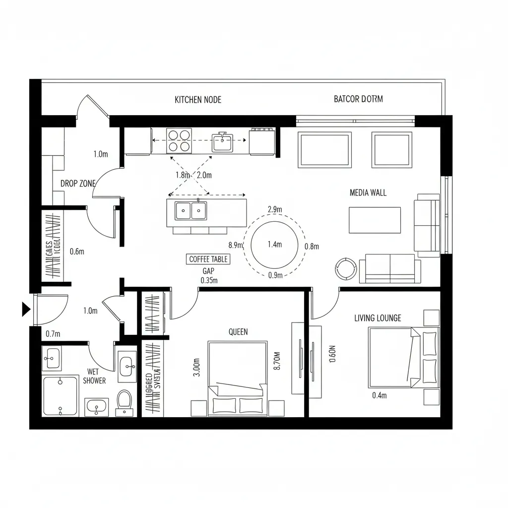 Two bedroom floor plan design with kitchen island living area dining space and a wet shower