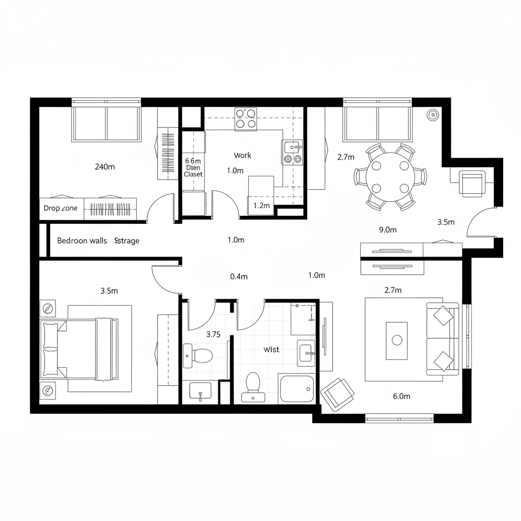 Top-down CAD plan of a 1-bedroom with central corridor spine and balcony