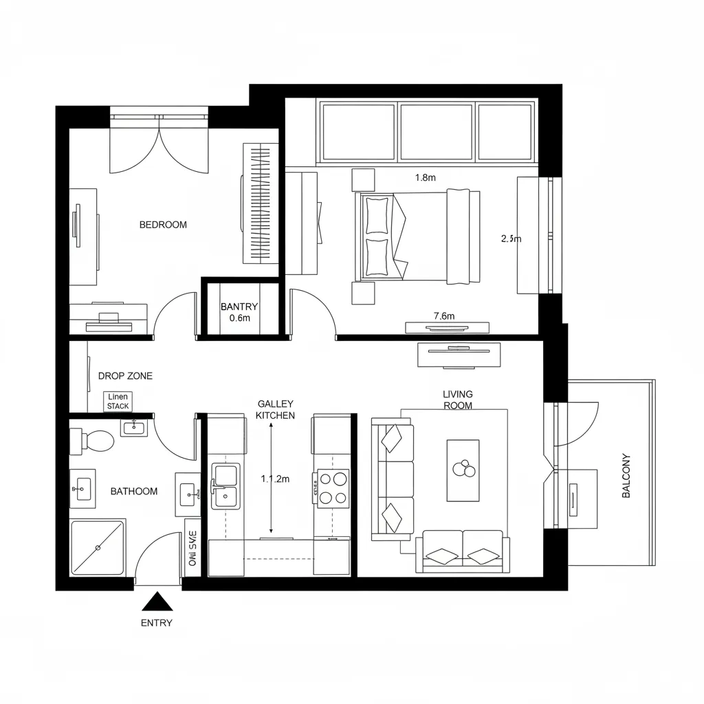 Top-down CAD plan of linear one-bedroom with galley kitchen and balcony